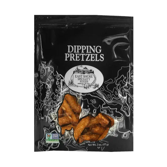 Black packaging of dipping pretzels with brand logo and product image.