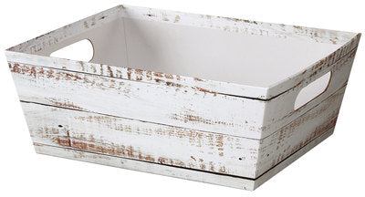 Distressed Market Tray: A shallow, rectangular wooden box with handles, finished in a rustic whitewash, ideal for packaging gourmet food or spa products.