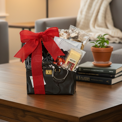 Doctor, Doctor Gift Basket on a coffee table, featuring a black purse-style container with cheese, mixed nuts, chocolates, and candies, adorned with a red ribbon bow.