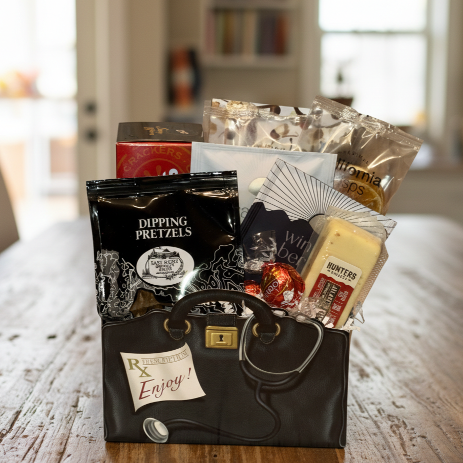 Doctor, Doctor Gift Basket styled as a doctor's bag with stethoscope, containing pretzels, crackers, cheese, Lindt truffle, and a wine-themed booklet.
