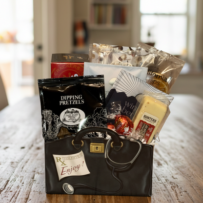 Doctor, Doctor Gift Basket styled as a doctor's bag with stethoscope, containing pretzels, crackers, cheese, Lindt truffle, and a wine-themed booklet.