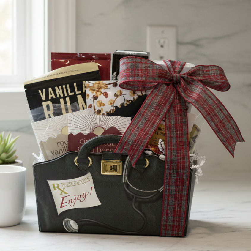 Doctor's Orders Gift Basket: A black satchel-style tote with snacks, teas, and treats, adorned with a red-plaid ribbon, sits on a countertop.