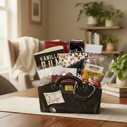 Doctor's Orders Gift Basket: A black leather doctor's bag with snacks, a stethoscope, and a note, ideal for rest and recovery gifting.