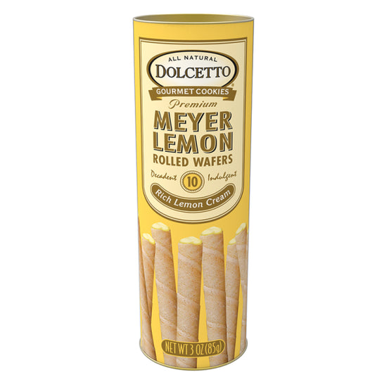 A cylindrical container of Dolcetto Meyer Lemon Rolled Wafers with the product name and lemon illustrations prominently displayed on the packaging.