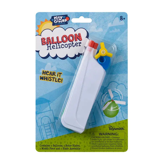 Playground Classics Balloon Helicopter product packaging showing a white plastic helicopter attached to a latex balloon, with a peggable blister packet and warning label visible.