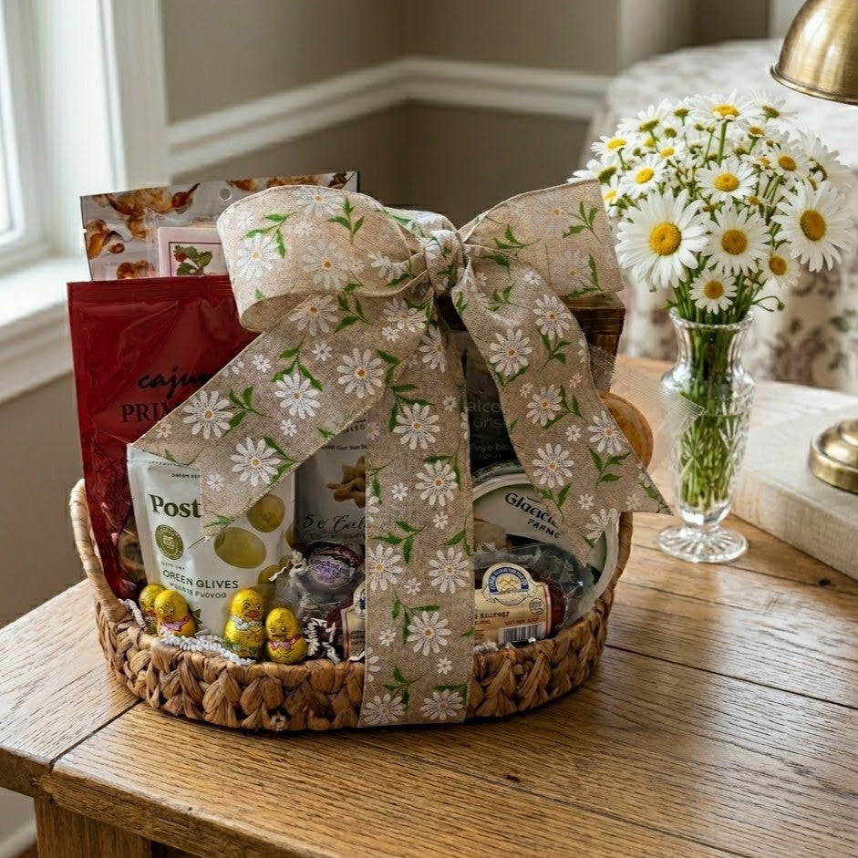 Easter Delights Gift Basket on a table with gourmet snacks, foil-wrapped chocolates, a daisy ribbon, and a vase of daisies nearby.