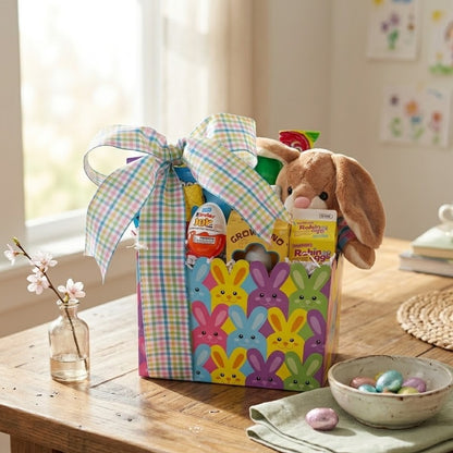 Easter Fun Gift Basket with a plush bunny, Kinder Joy, Rolling Eggs candy, and craft kit in bunny-print paper, adorned with a gingham bow.