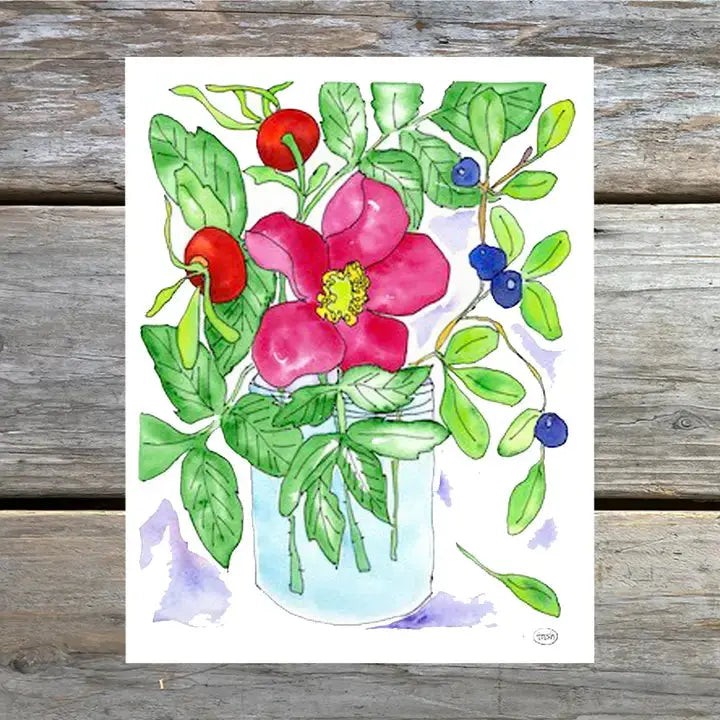 A colorful note card featuring a watercolor illustration of flowers and leaves