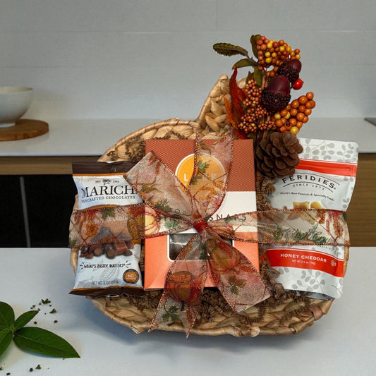 Decorative plate with fall-themed packaging on a kitchen counter