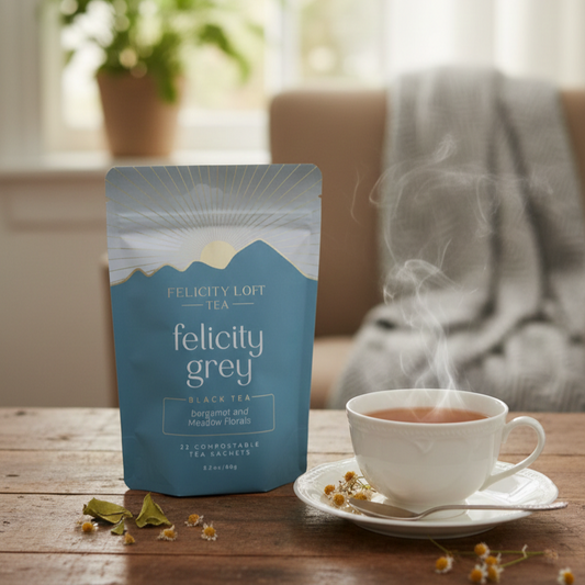 Felicity Grey tea pouch and steaming teacup on a wooden table, surrounded by meadow flowers, offering a floral twist on classic Earl Grey.