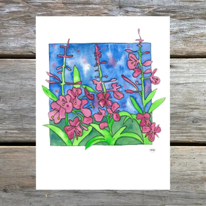 A colorful greeting card with a watercolor illustration of fireweed flowers