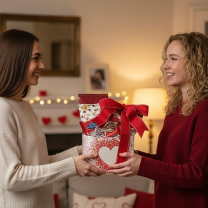 Two people hold the From the Heart Valentine Gift Basket, featuring a heart-themed bag with treats like chocolate-dipped pretzels, perfect for Galentine's Day celebration.