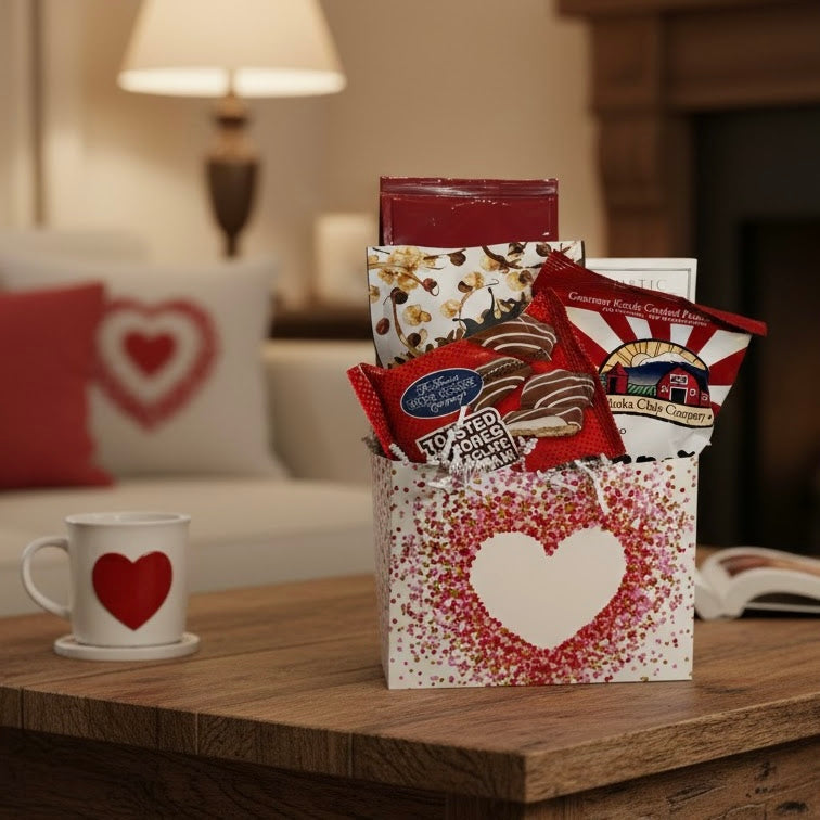 From The Heart Valentine Gift Basket with a heart-patterned box filled with assorted snacks, a red heart mug, creating a cozy, romantic gift setup.
