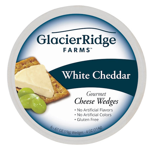 Glacier Ridge Farms White Cheddar Gourmet Cheese Wedges in a round tub, highlighting six individually wrapped wedges, no artificial flavors or colors, gluten-free.