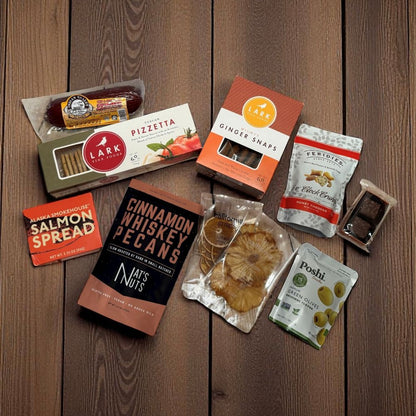 Assorted food products on a wooden surface
