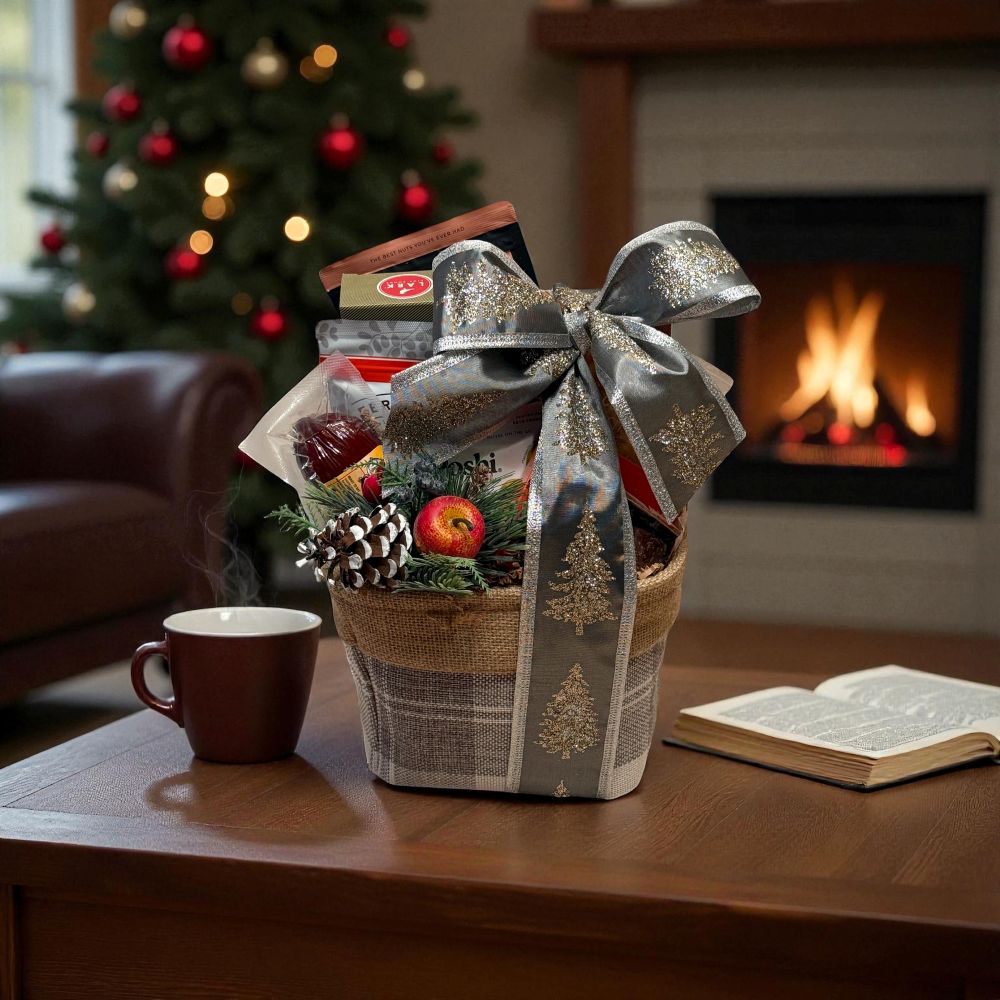 Gift basket with a decorative bow on a coffee table in a cozy living room with a Christmas tree and fireplace.