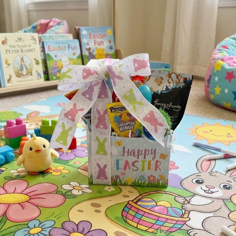 Happy Easter Gift Basket with Peeps Lollipop Rings, candies, plush chick, toy blocks, markers, and Easter books on a play mat for children.
