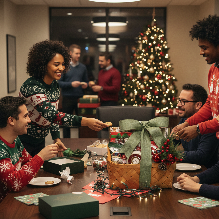 Group of people gathered around a table with a Christmas tree in the background