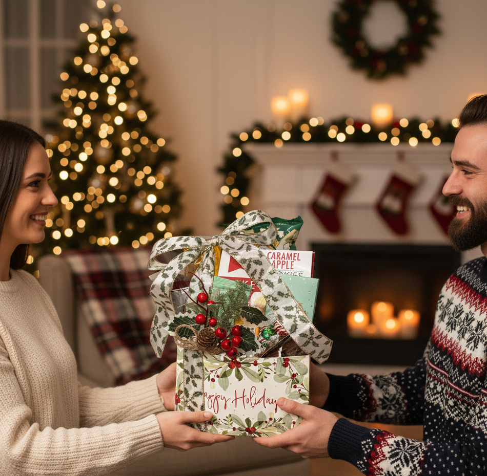 Two people exchanging a gift in a festive living room with Christmas decorations.