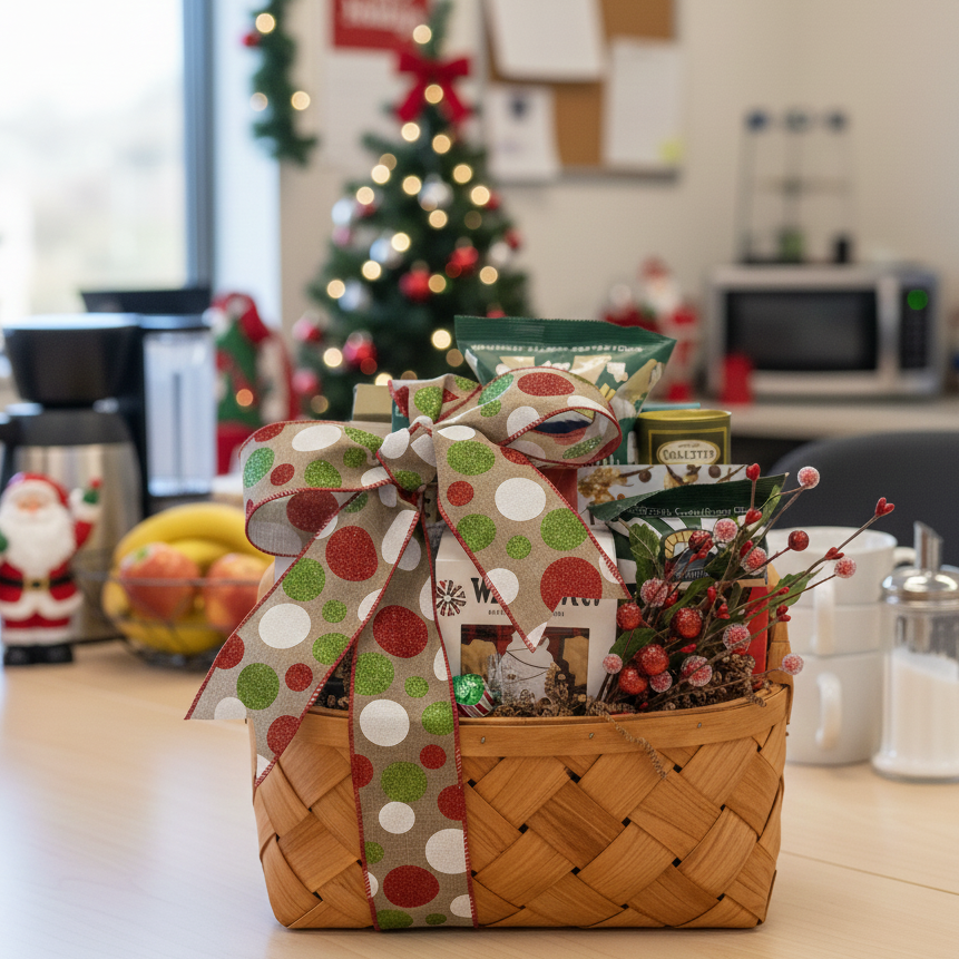 Gift basket with a decorative bow on a kitchen counter, Christmas tree in the background