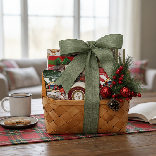 Gift basket with a green ribbon and decorative elements on a table in a cozy living room.