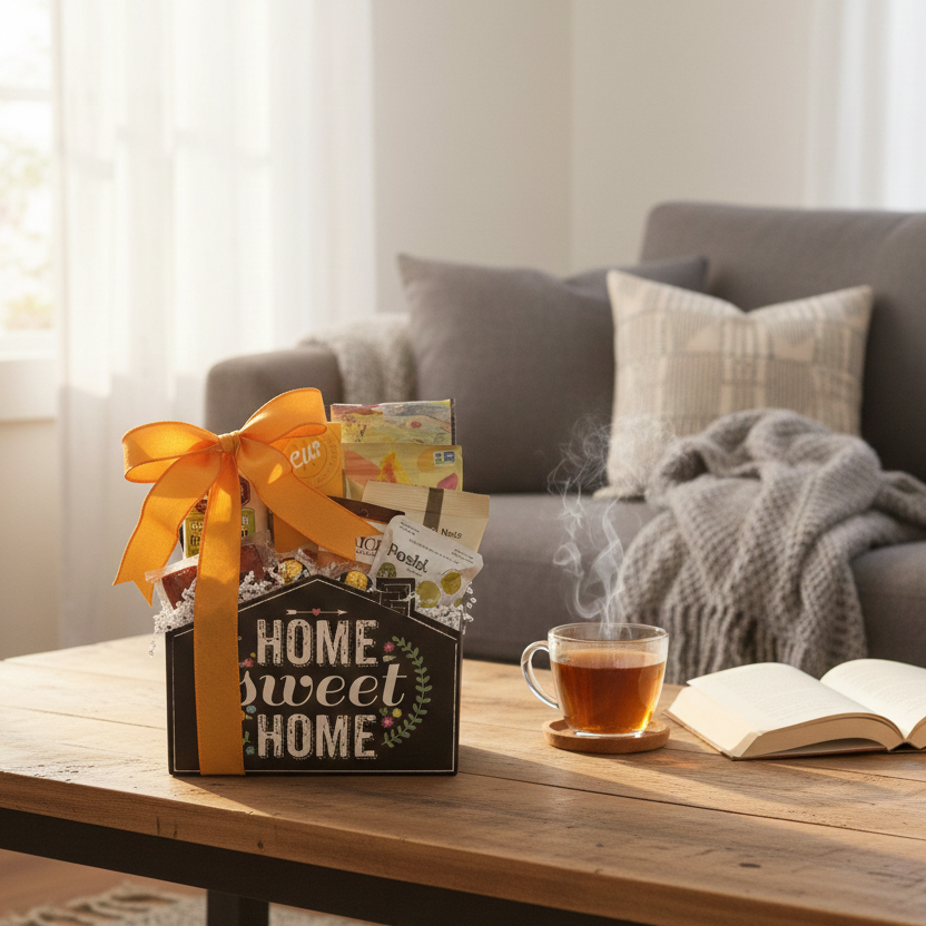 Home Sweet Home Closing Gift Basket with snacks and a clear glass mug of tea on a wooden coffee table in a cozy living room scene.