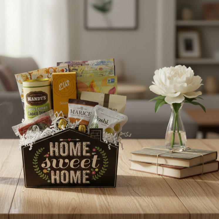 Home Sweet Home Gift Basket with assorted snacks, prominently displayed on a cozy tabletop, alongside a white bloom in a glass vase and twine-tied books.