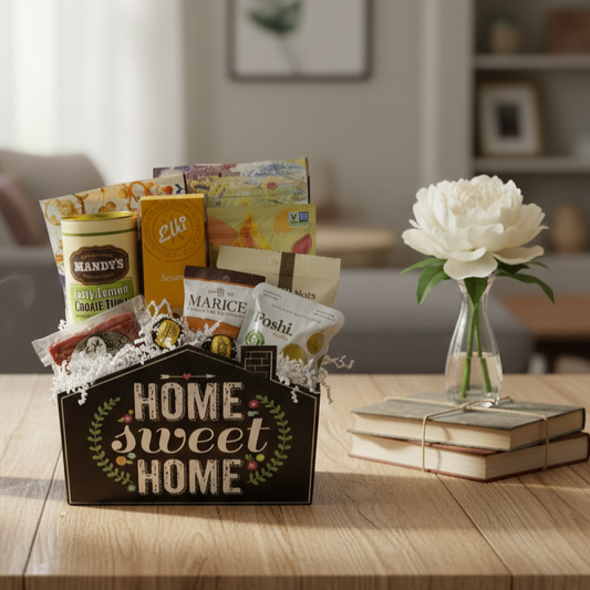 Home Sweet Home Gift Basket with assorted snacks, prominently displayed on a cozy tabletop, alongside a white bloom in a glass vase and twine-tied books.