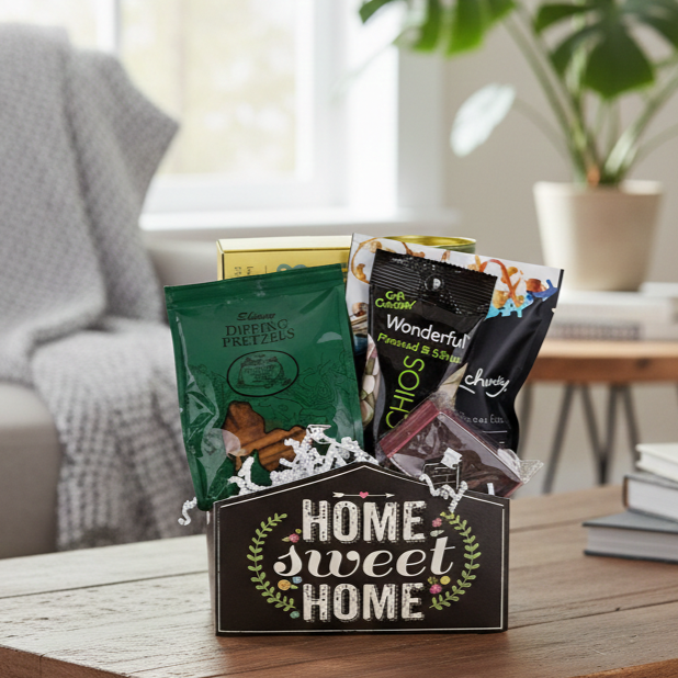 Home Sweet Home Gift Basket with pretzels, pistachios, dried fruit, a chocolate bar, and white paper shred in a cozy setting.