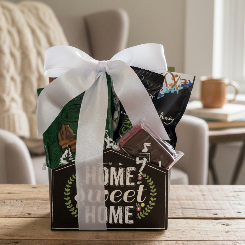 Home Sweet Home Gift Basket featuring assorted snacks like chocolates, pretzels, and cookies, elegantly wrapped with a satin ribbon, perfect for housewarming.