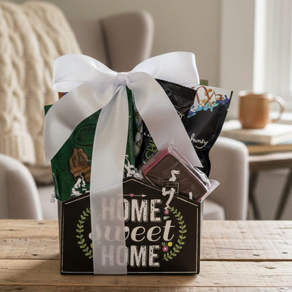 Home Sweet Home Gift Basket featuring assorted snacks like chocolates, pretzels, and cookies, elegantly wrapped with a satin ribbon, perfect for housewarming.