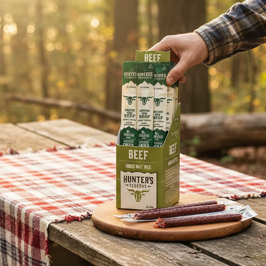 Grass Fed Beef Meat Sticks on a wooden board; a hand reaches for one from a green Hunter’s Reserve box in a woodland picnic setting.