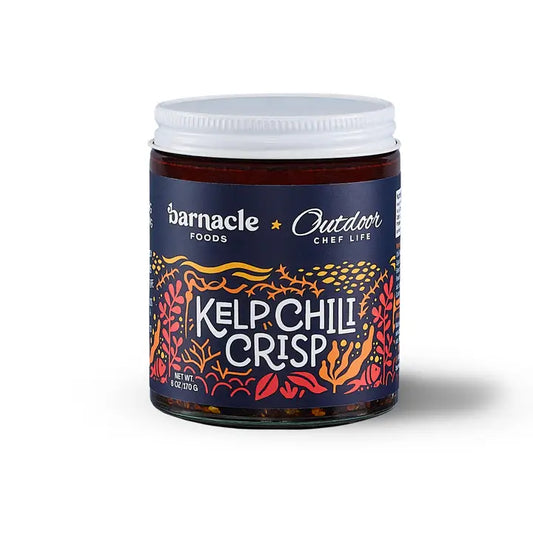 Jar of Kelp Chili Crisp by barnacle foods on a white background