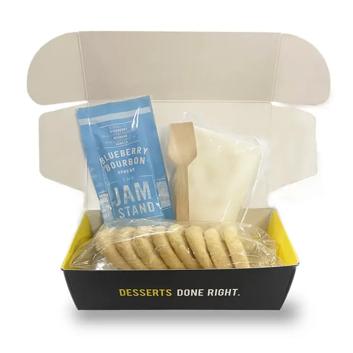 Lemon Blueberry Gourmet Snackables kit box featuring cookies with icing and blueberry preserves