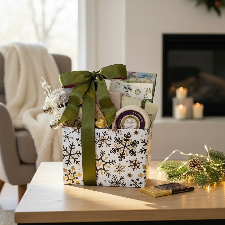 Gift basket with a green ribbon on a table in a cozy living room.