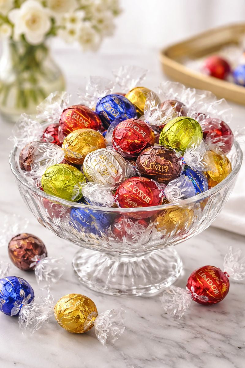 Colorful wrapped Lindor Truffles in a glass bowl on a marble surface with flowers in the background.