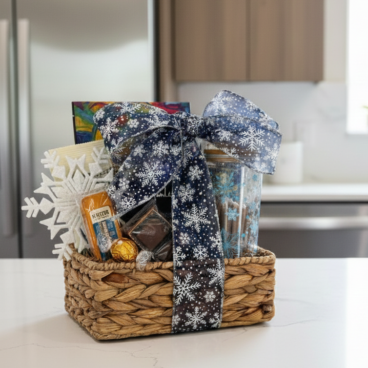 Gift basket with a decorative bow on a kitchen counter