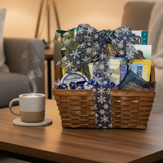 Gift basket with a bow on a table next to a steaming cup of coffee.