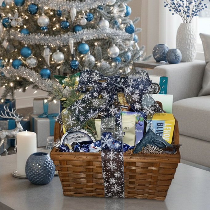 Gift basket with decorative ribbon in front of a Christmas tree