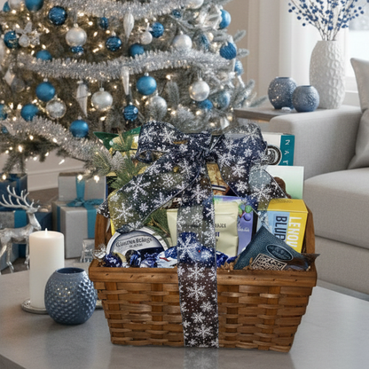 Gift basket with decorative ribbon in front of a Christmas tree