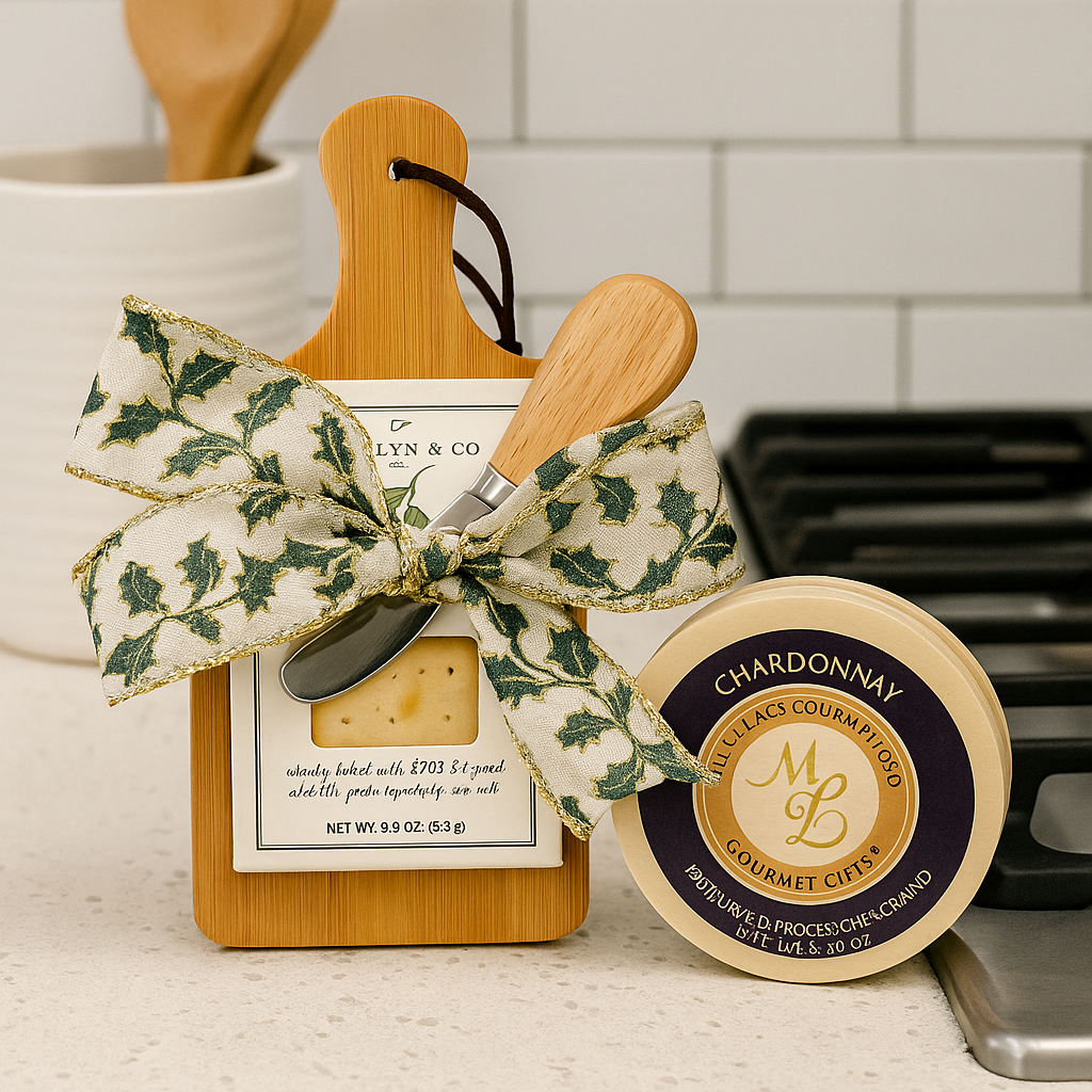 Gourmet gift set with cheese, knife, and decorative bow on a kitchen counter.