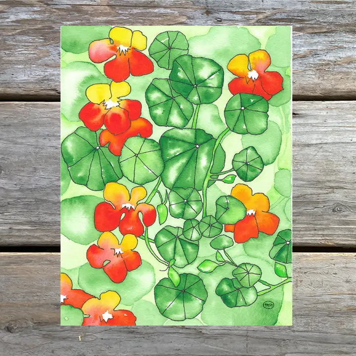 A colorful note card featuring a watercolor illustration of nasturium flowers
