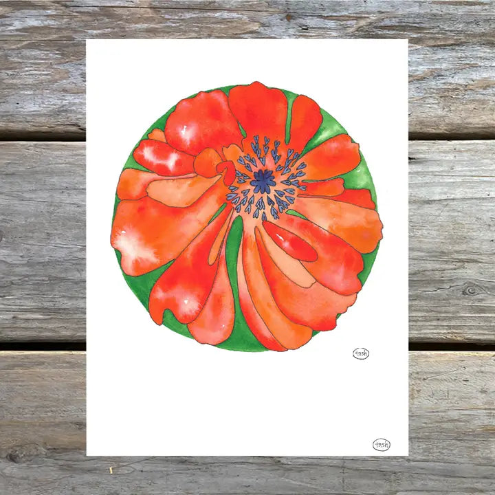 A colorful note card featuring a watercolor illustration of orange poppy