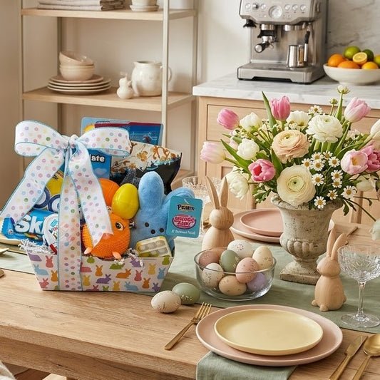 Easter-themed gift basket with eggs and decorative items on a kitchen table.