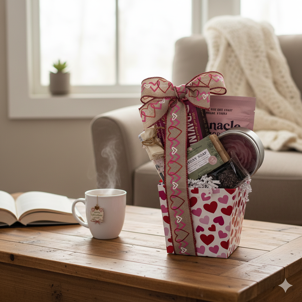 Peony Valentine Gift Box on a coffee table with a steaming mug and open book, revealing self-care treats and snacks peeking from a heart-covered box.