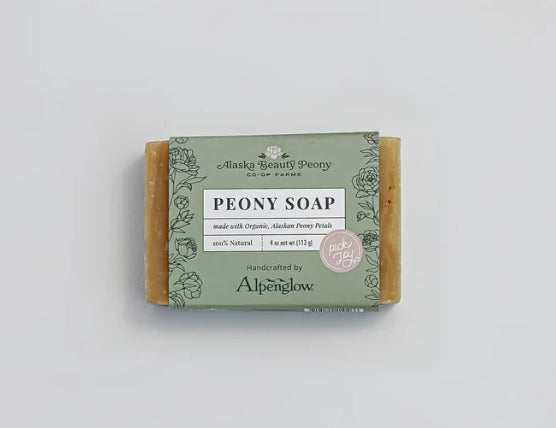 A bar of Peony Soap with packaging that includes the brand and product name, as well as a brief description.
