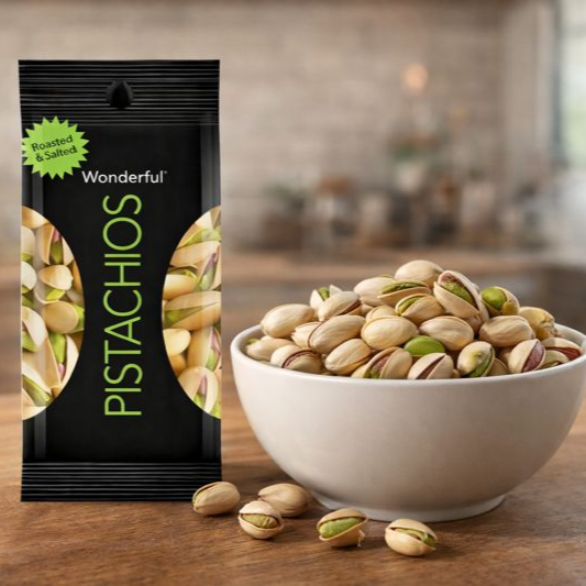 Pistachio package and bowl of pistachios on a wooden surface