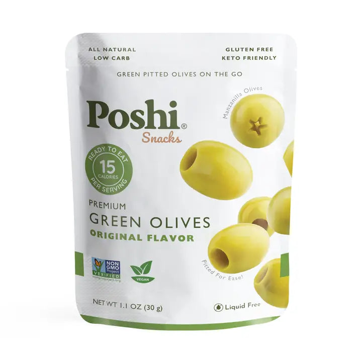 Poshi Snacks green olives packaging on a white background