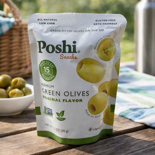 Poshi Snacks green olives package on a wooden surface with a picnic setting.
