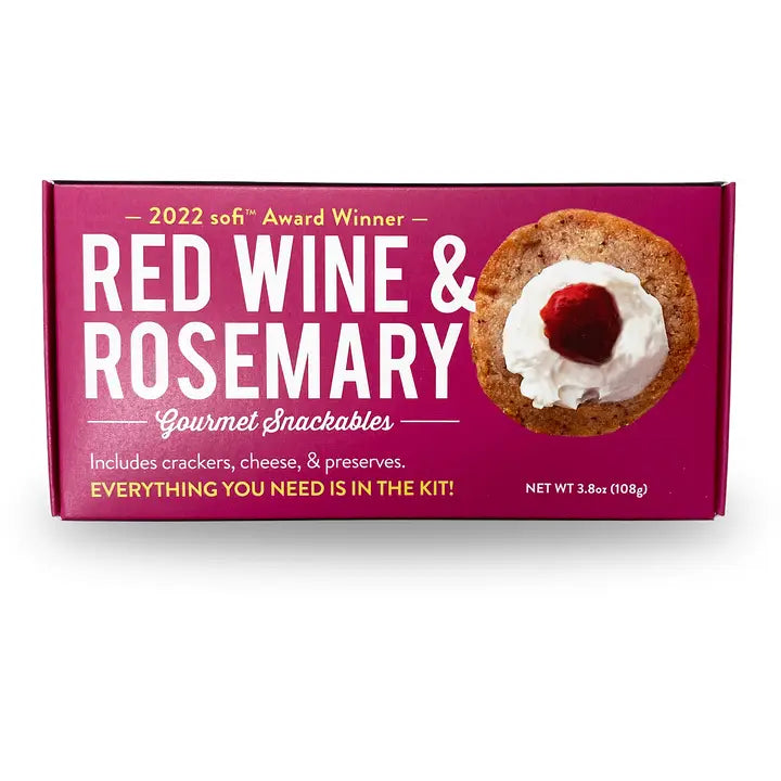 Red Wine & Rosemary gourmet snackables packaging with a cookie on a white background